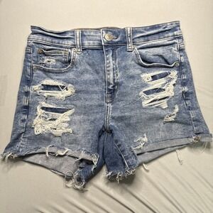 American Eagle Shorts Womens 8 Blue Hi-Rise Shortie Distressed Denim Frayed